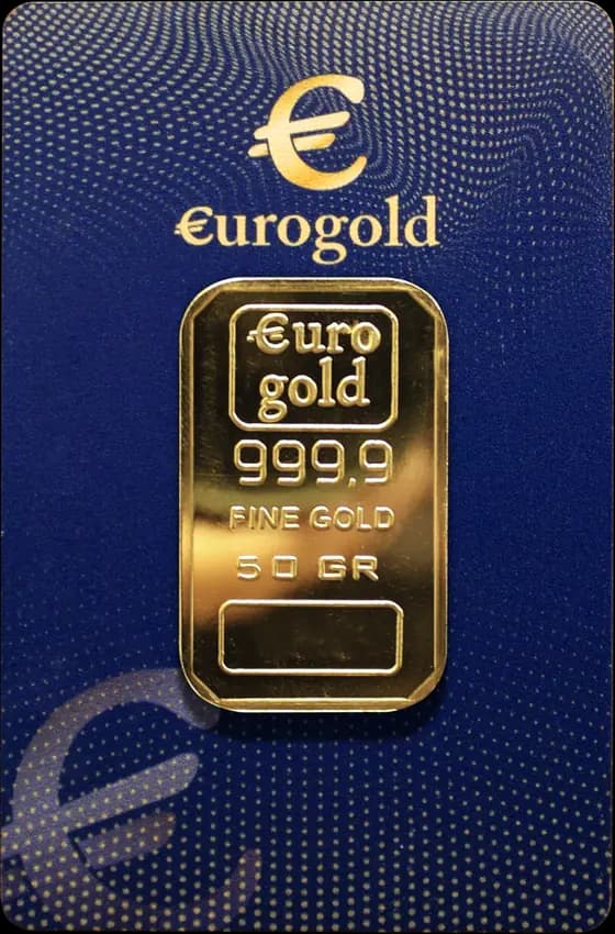 Emas batangan EuroGold 50 gram dalam kemasan bersertifikat